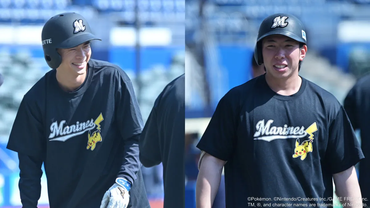 ピカチュウデザインのTシャツを着用し、練習する和田康士朗選手と寺地隆成選手【写真：筆者撮影】