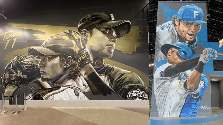 『ダルビッシュ有投手・大谷翔平選手のウォールアート』（左）は「TOWER 11」1Fコンコース側の壁面に、『伊藤大海投手・万波中正選手のウォールアート』（右）はクラフトビール醸造レストラン「そらとしば by よなよなエール」の壁面に描かれています ©PLM