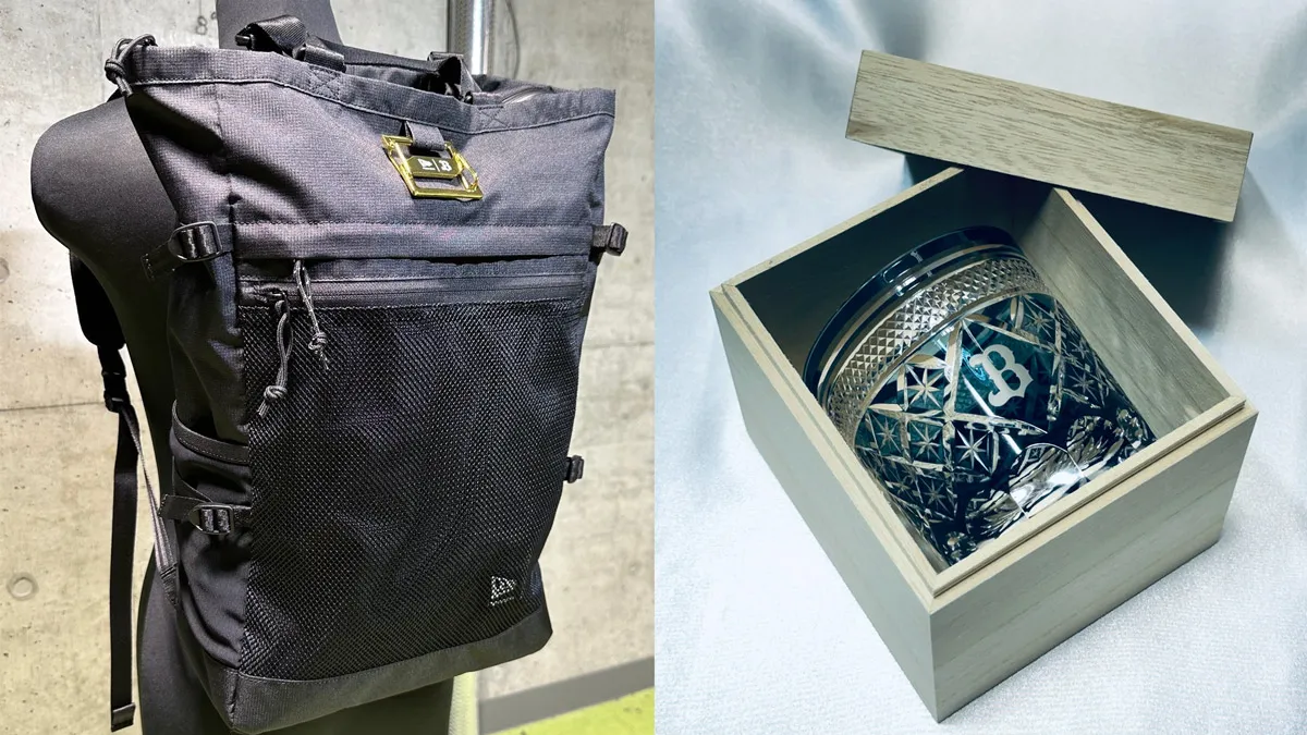 キャップクリップ付きNEW ERAコラボリュック（左）とオリジナル切子グラス（右）【画像：球団提供】