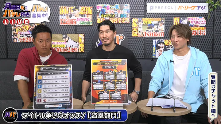 銀次さん（左）梶谷隆幸さん（中央）金子侑司さん（右） ©パーソル パ・リーグTV