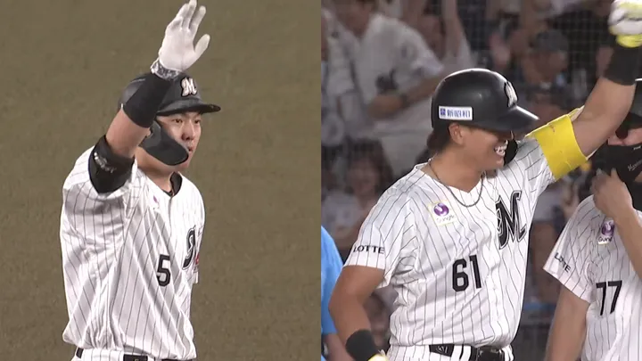 Chiba Lotte Marines players Naonori Yasuda (left) and Daito Yamamoto (right) © PERSOL Pacific League TV