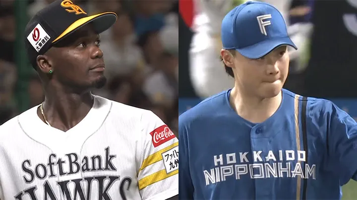 Fukuoka Softbank pitcher Moinelo (left) and Hokkaido Nippon-Ham pitcher Sachiya Yamasaki (right) (c) Persol Pacific League TV