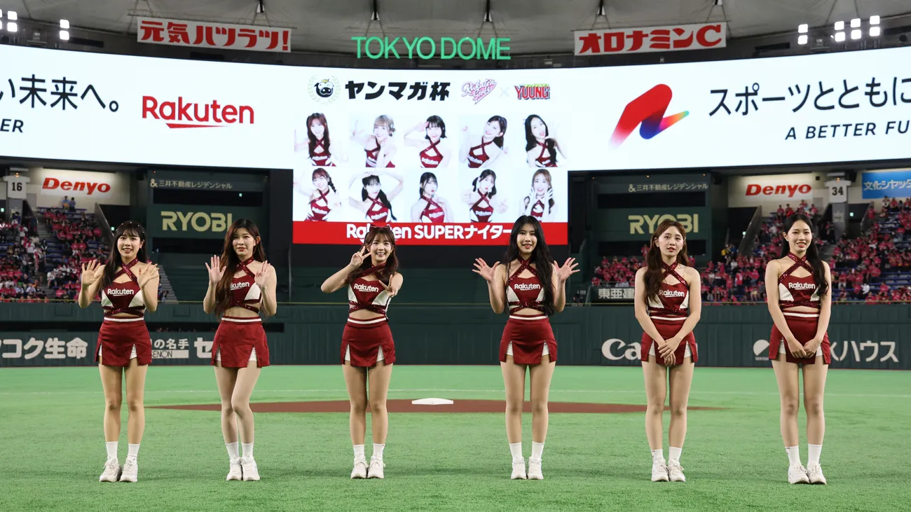 今回来日した「Rakuten Girls」6名（左から）高橋 佳帆、穎樂（インルー）、笑笑（シャオシャオ）、Kira（キラ）、若潼（ロートン）、溫妮（ウィニー）　©Rakuten Eagles