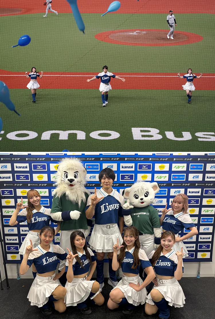 特注のbluelegends衣装でラッキーセブンの球団歌ダンスに挑んだ青木マッチョさん
