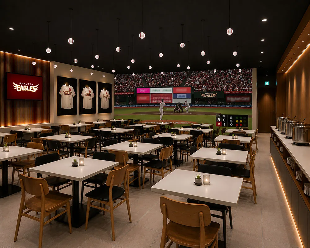 ゆとりある空間で、東北の旬の食材を駆使した和洋折衷のビュッフェがいただける「THE Gran LOUNGE（ザ・グランラウンジ）」 ©Rakuten Eagles