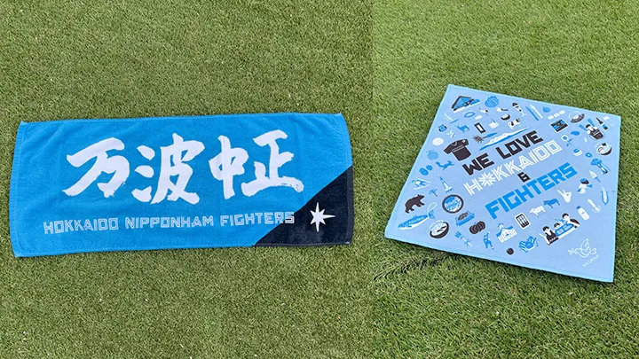 『選手直筆応援タオル』（左）『「WE LOVE HOKKAIDO & FIGHTERS」限定デザインのスイングタオル』（右） ©PLM